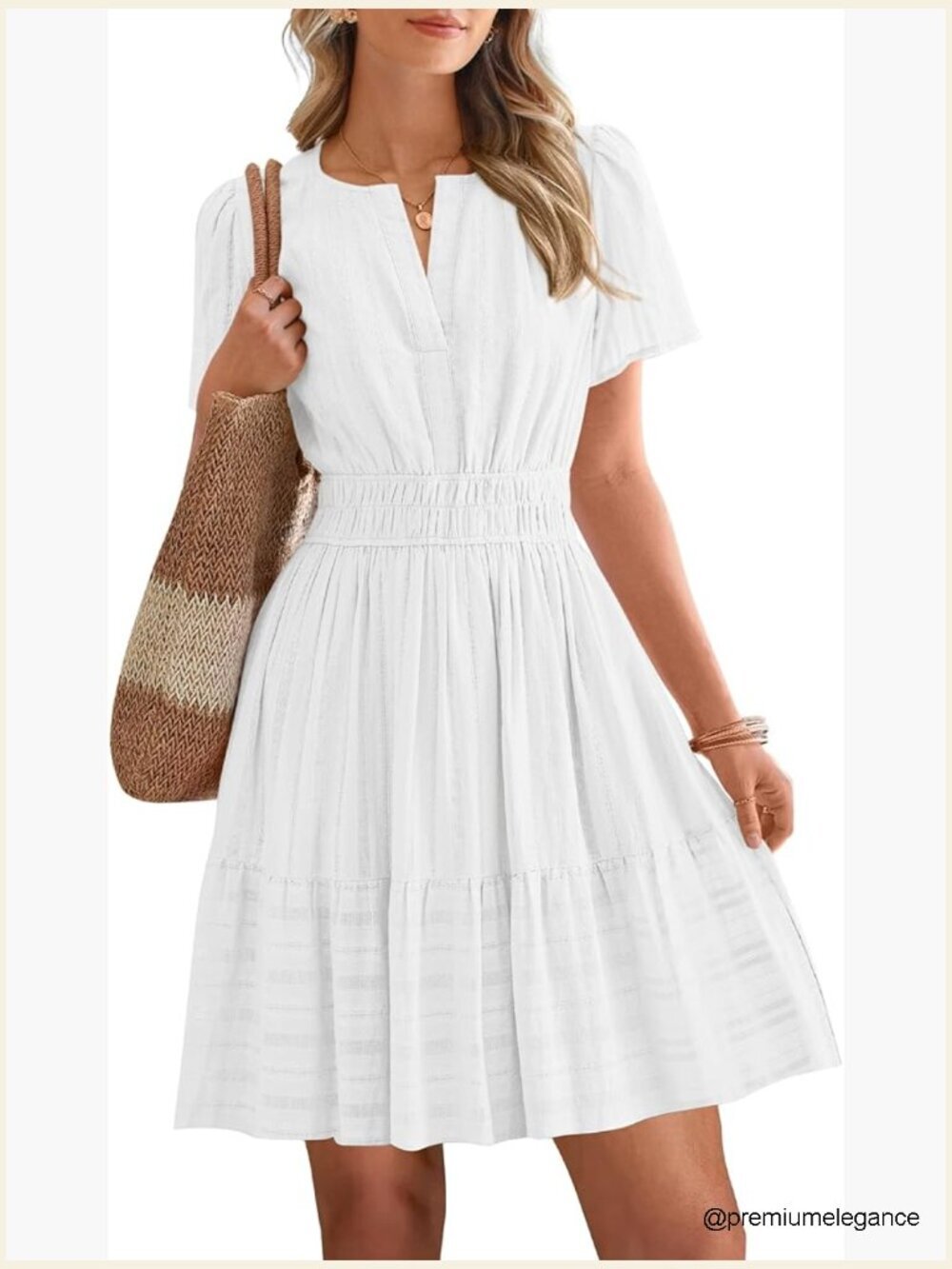 Lightweight Cotton Mini Dress V-Neck Short Sleeve Elastic Waist Pockets